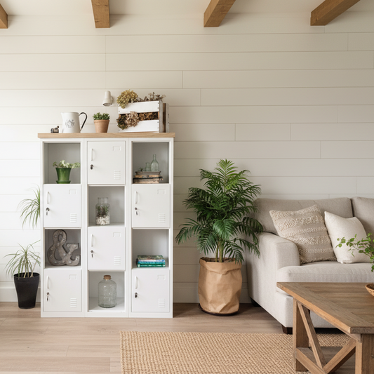 A white metal cubbyhole display cabinet with oak top, featuring multiple compartments, some containing plants and decorative items, placed in a room setting with a few items on top, such as a mug and a vase.