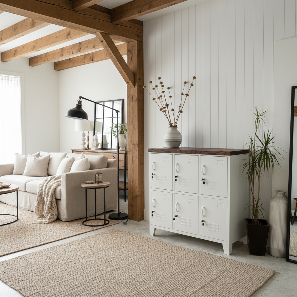 A white 6-door locker cabinet with a dark oak top, for storage, positioned in a room with a white wall and a plant to the side.