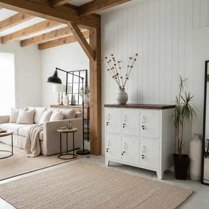 A white 6-door locker cabinet with a dark oak top, for storage, positioned in a room with a white wall and a plant to the side.