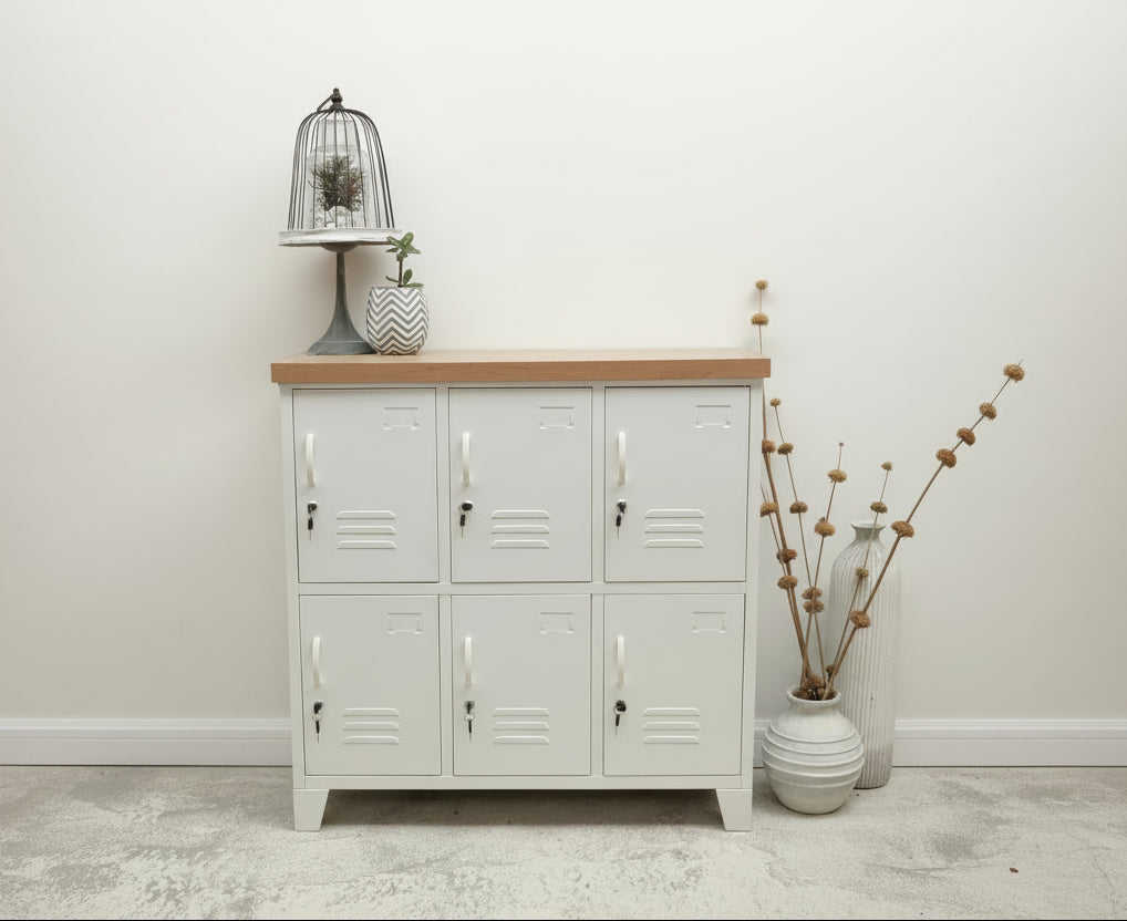 A white six-door locker with an oak top, for staff lockers, home & office storage