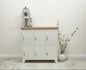 A white six-door locker with an oak top, for staff lockers, home & office storage