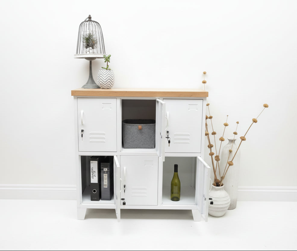 A white six-door locker with an oak top, for staff lockers, home & office storage