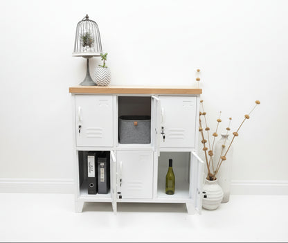 A white six-door locker with an oak top, for staff lockers, home & office storage