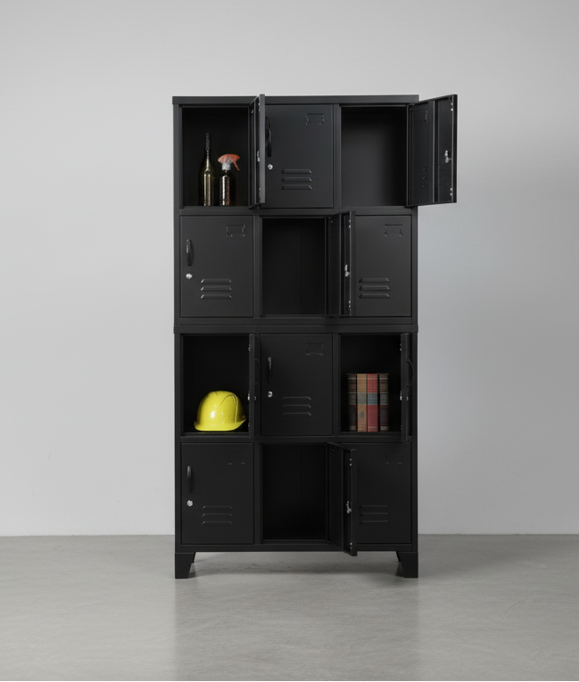 Black 12 Door Industrial Metal Locker Cabinet, some doors open showing storage use