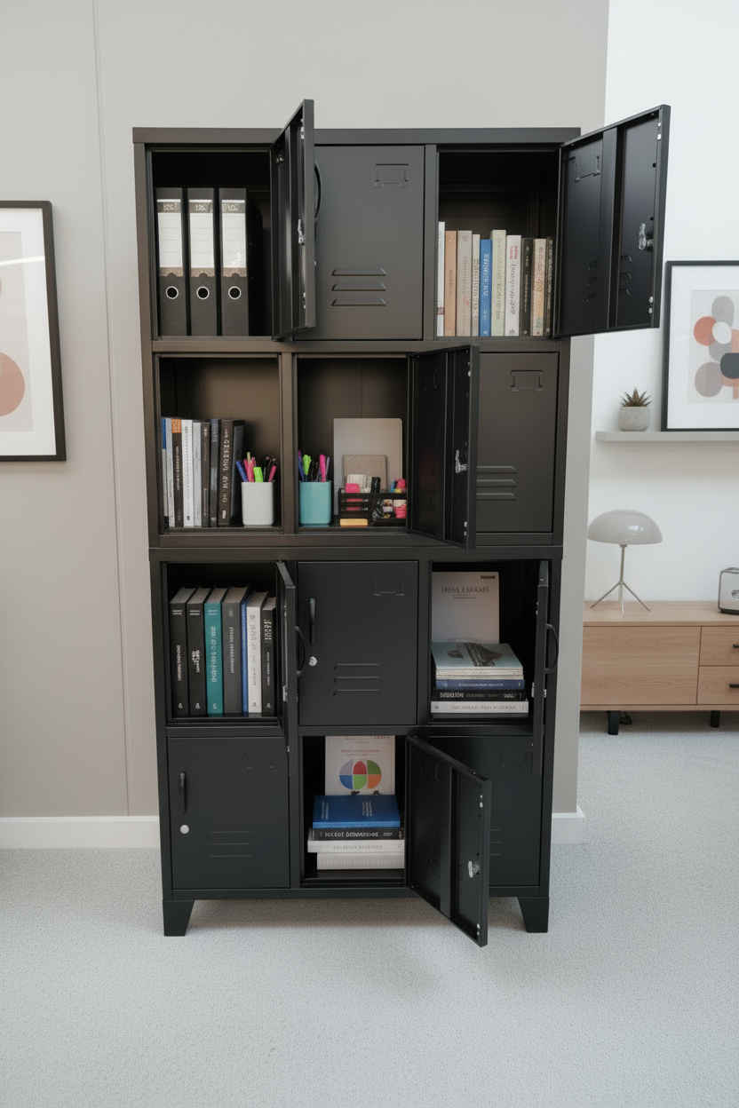 Black 12 Door Industrial Metal Staff Locker Cabinet in Office for office storage & filing