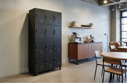 Black 12 Door Industrial Metal Locker Cabinet in staffroom