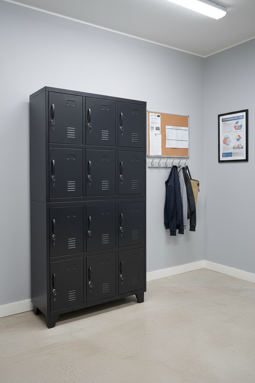Black 12 Door Metal Staff Locker in staff room