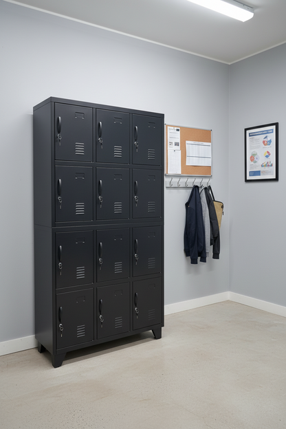 Black 12 Door Metal Staff Locker in staff room
