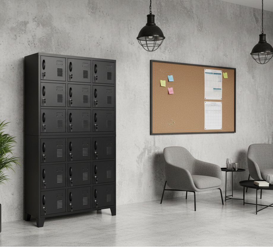 Black 18 door staff locker in a staff room