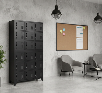 Black 18 door staff locker in a staff room