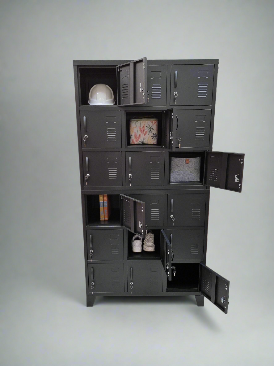 Black 18 door staff locker with open doors showing storage ideas