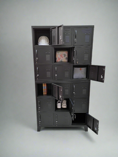 Black 18 door staff locker with open doors showing storage ideas