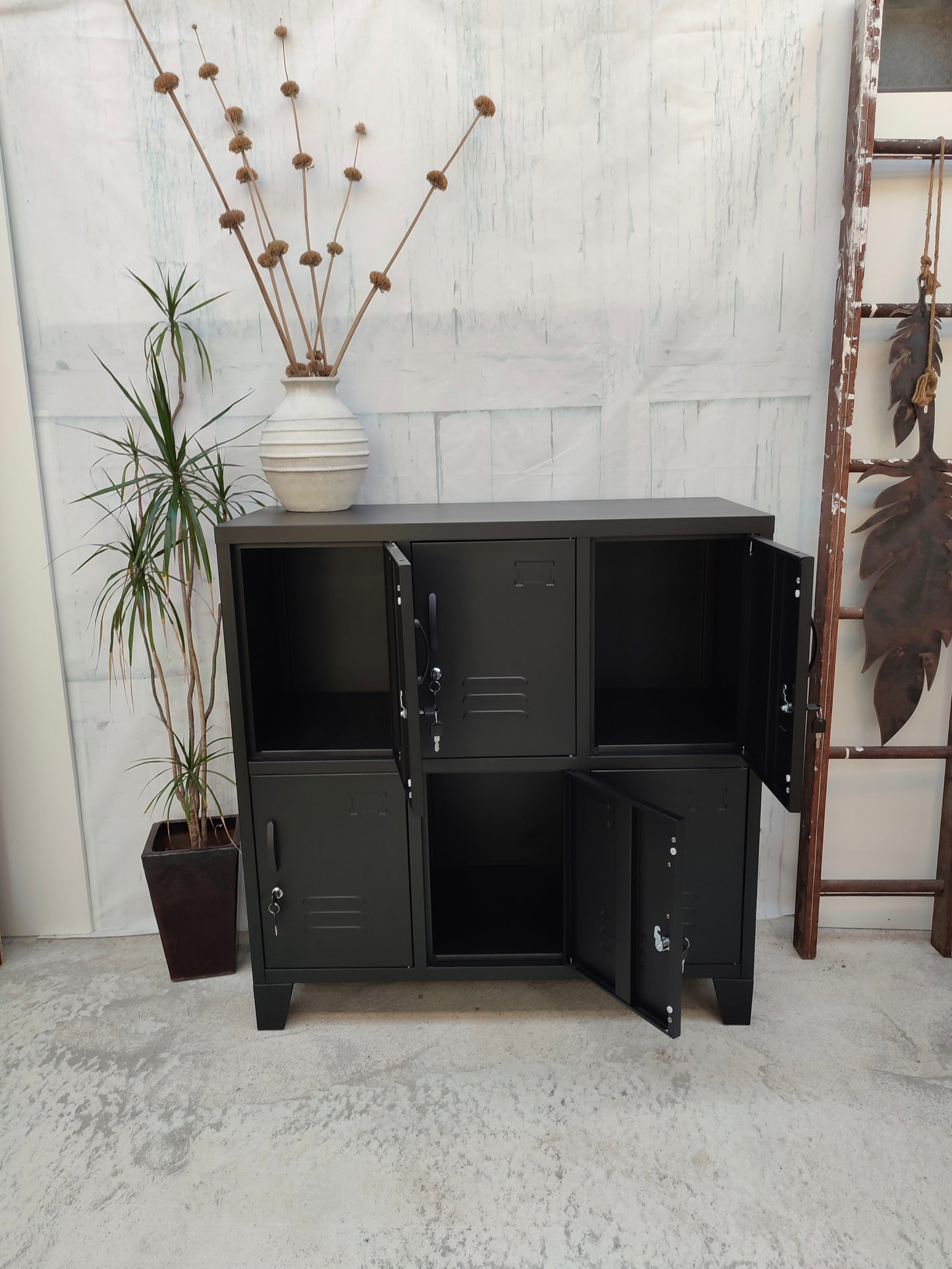 Black 6 Door Locker cabinet showing great storage inside
