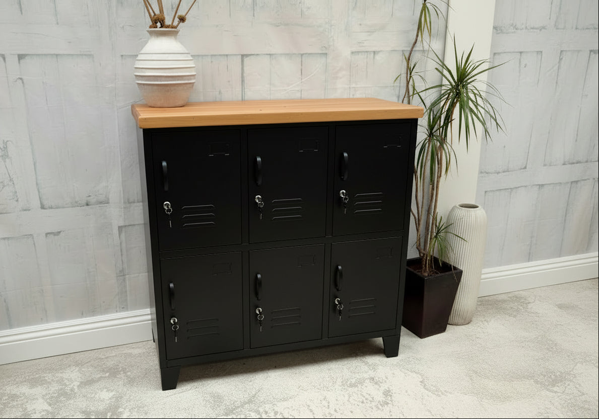 Black 6 door locker-style cabinet with Recycled Rimu wooden top against a light gray wall.