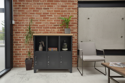 Black 6 door locker cabinet with pale oak top - open display in a waiting room as staff lockers