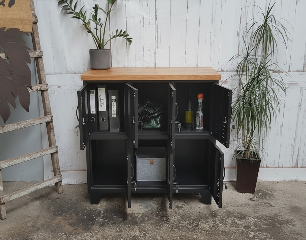 Black 6 door locker metal cabinet with Recycled Rimu top with open doors on a rustic wooden floor with plants around.