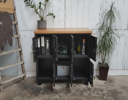 Black 6 door locker metal cabinet with Recycled Rimu top with open doors on a rustic wooden floor with plants around.