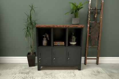Black 6 door metal locker storage cabinet with Dark oak wooden top 