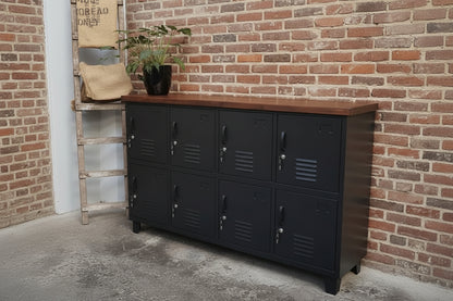 Black 8 Door metal locker cabinet with Dark recycled Rimu top against a rustic wooden wall.