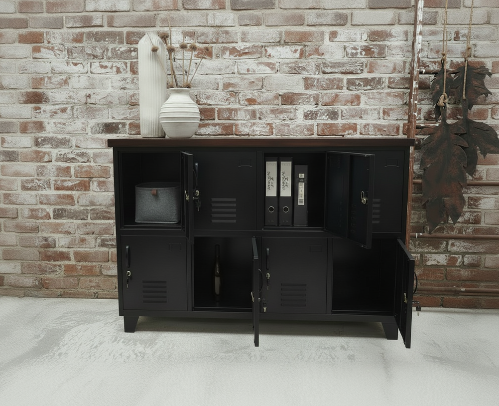 Black 8 door industrial locker cabinet  with dark rimu top. door open to show excellent storage