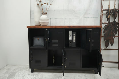 Black 8 door industrial locker cabinet  with rimu top. door open to show excellent storage