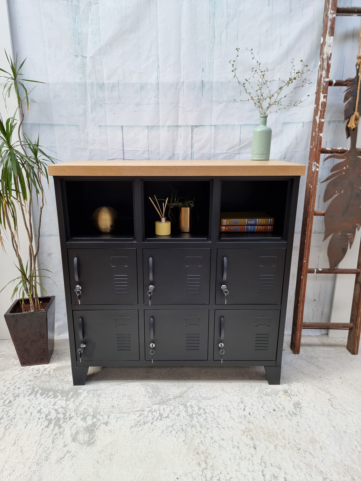 Black 9 Door locker cabinet with open shelving top for display