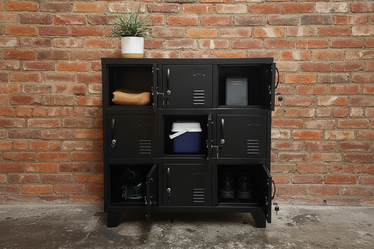Black 9 Door metal locker-style cabinet with various items against a rustic white wooden wall.