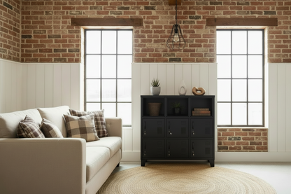 Black 9 Door metal locker cabinet storage cabinet with shelves in a room setting