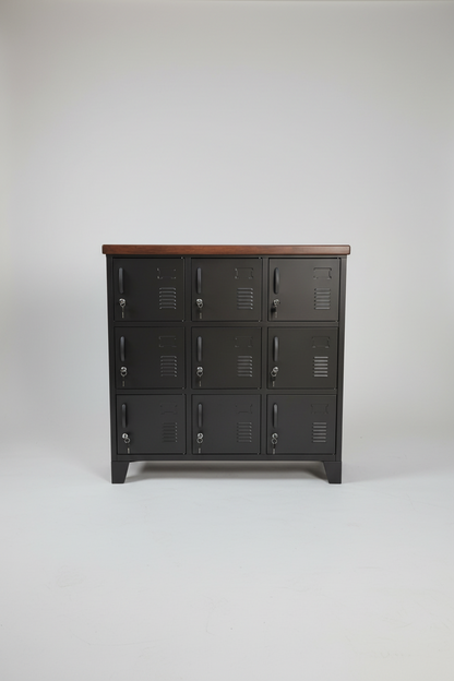 Black 9 Door metal locker with Dark Rimu top on grey background