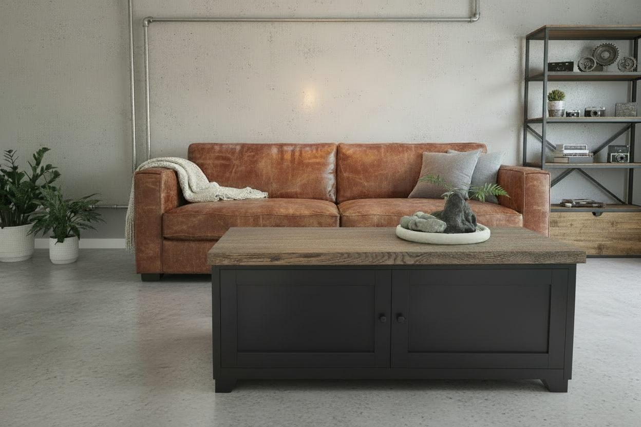 Black metal coffee table with rustic dark Oak top in living room