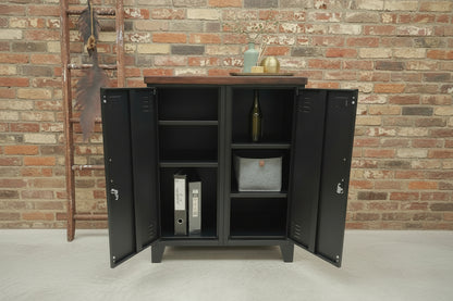 Black Double side cabinet with dark oak top with doors open showing adjustable shelves inside
