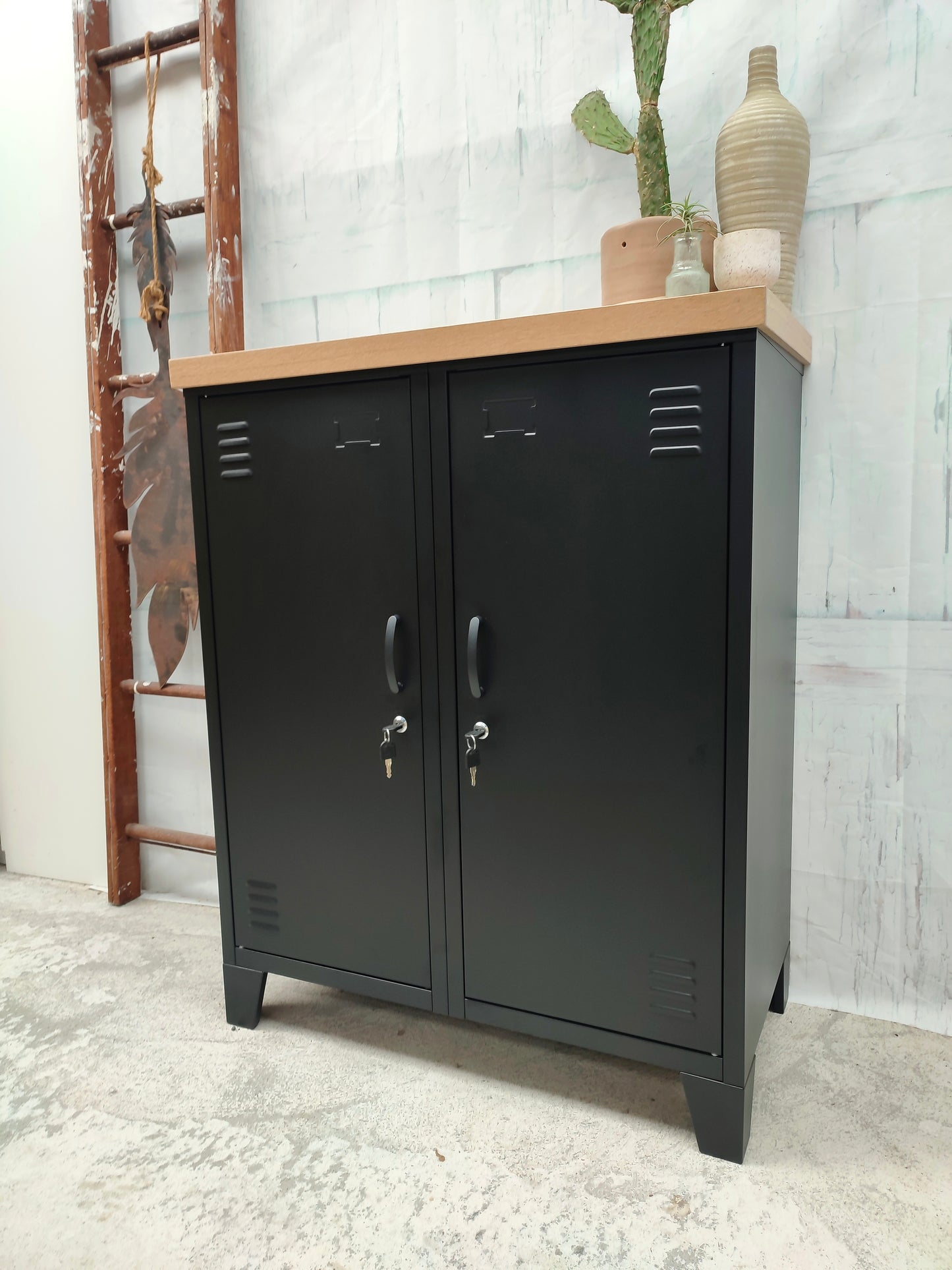 Black Double sideboard-style cabinet with Oak top