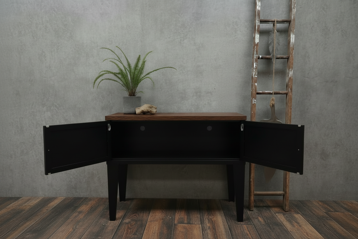Black metal Industrial Metal Hall Table Cabinet – Storage Console with open doors and a Dark oak top