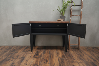 Black Industrial Metal Hall Table Cabinet  with Dark Oak top– Storage Console doors open showing shelf