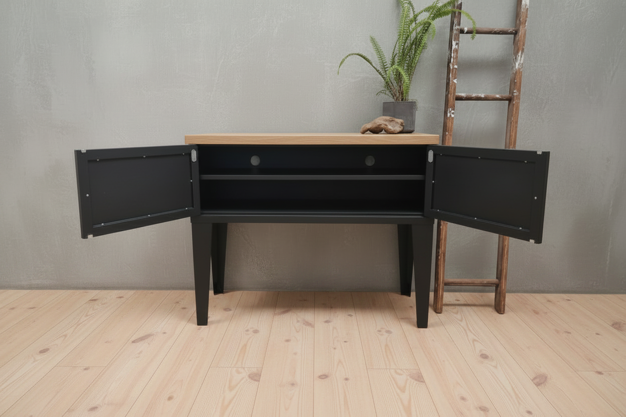 Black Industrial Metal Hall Table Cabinet  with Oak top– Storage Console doors open showing shelf