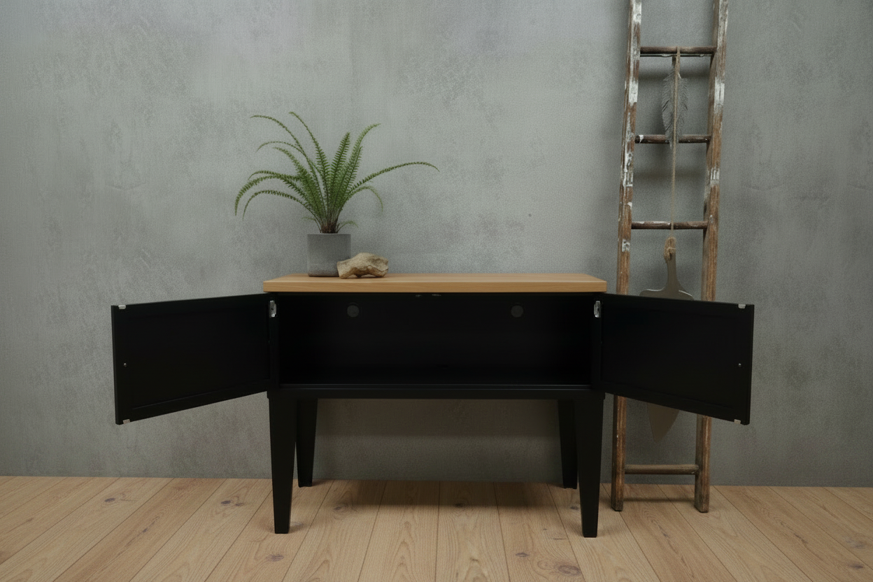 Black Industrial Metal Hall Table Cabinet – Oak top