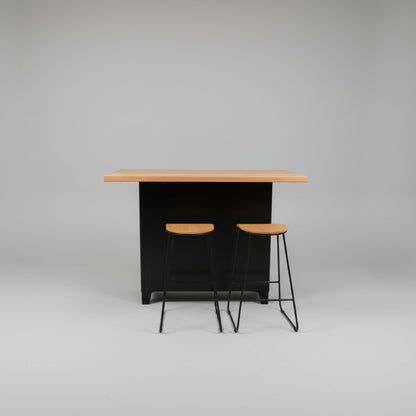 Black Industrial kitchen Island with Rimu top showing the back with 2 stools