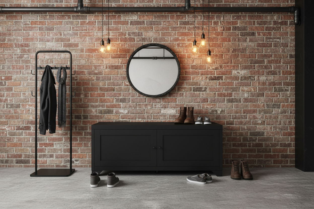 Black Industrial metal cabinet with panel doors. used for shoe storage in an entranceway
