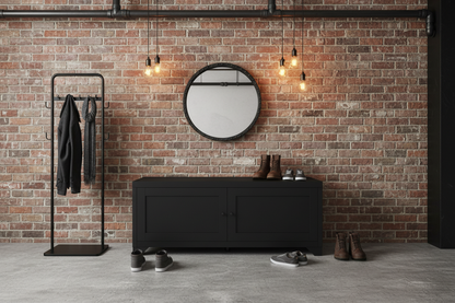 Black Industrial metal cabinet with panel doors. used for shoe storage in an entranceway