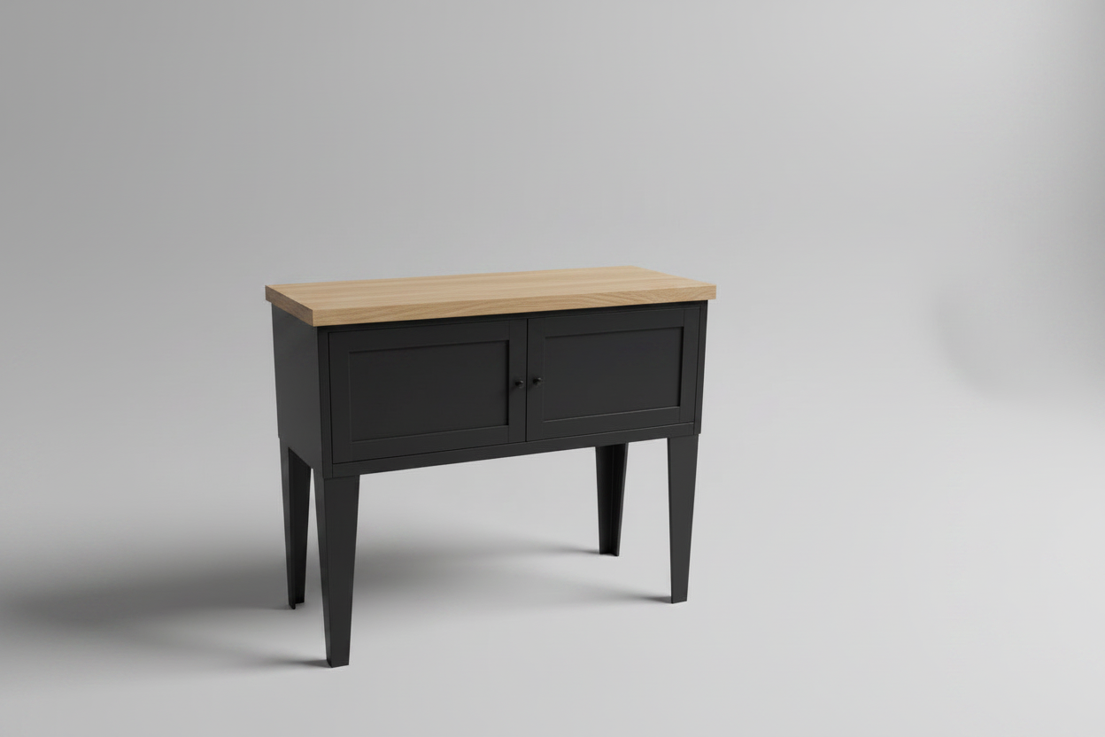 Black Industrial Metal Hall table console with Oak top in grey studio shot
