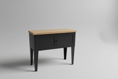 Black Industrial Metal Hall table console with Oak top in grey studio shot