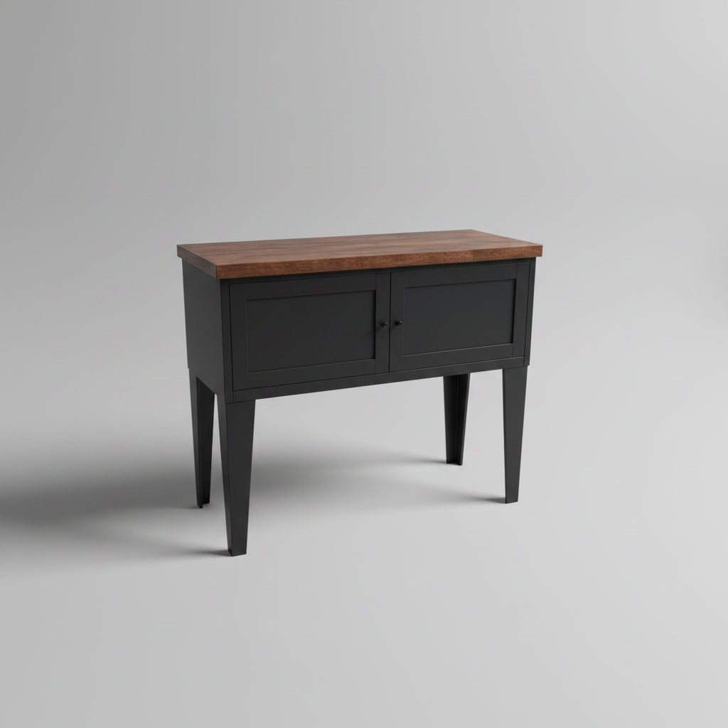 Black Metal Hall table console with dark Oak top in grey studio shot