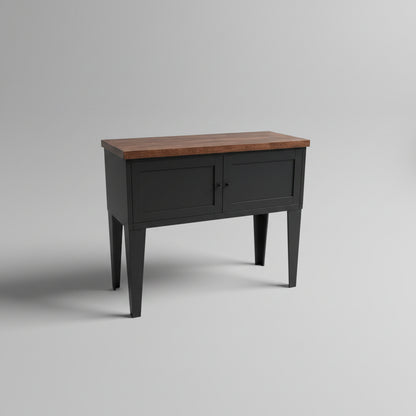Black Metal Hall table console with dark Oak top in grey studio shot