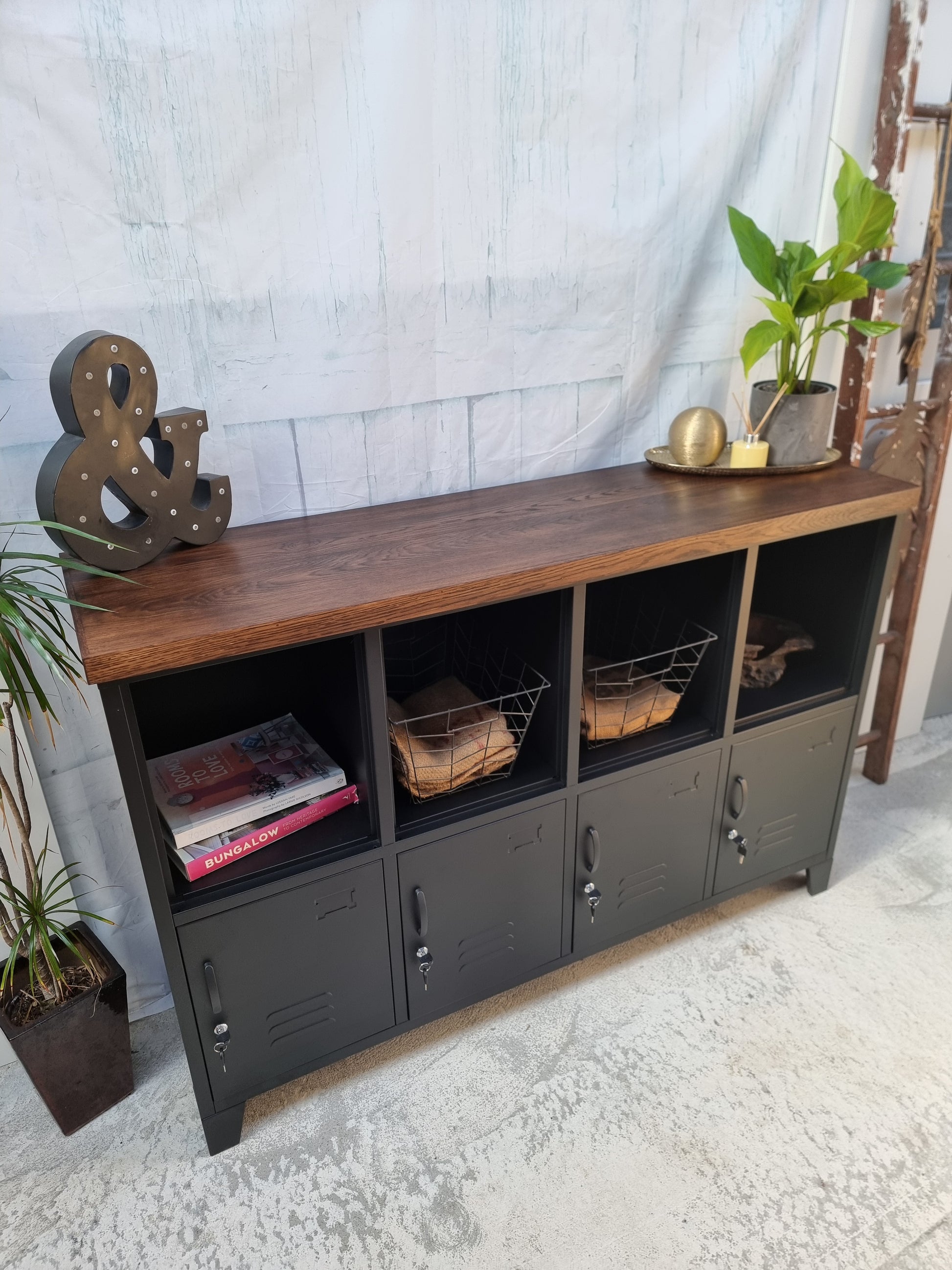 Industrial Metal Bookshelf Locker Cabinet with Dark Oak Top. Open display shelving + enclosed locker storage