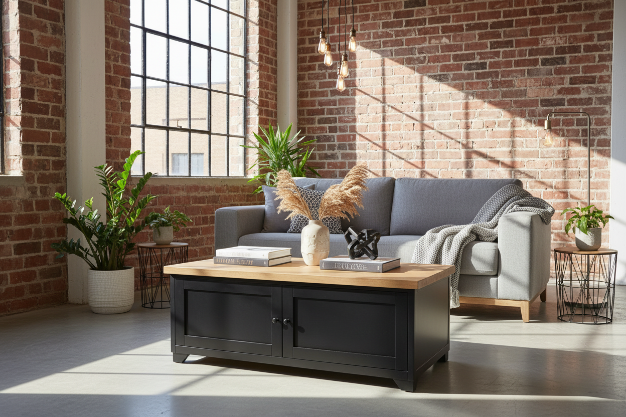 Black Metal Industrial coffee table with storage in living room
