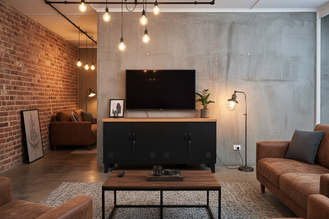 Black Versatile locker cabinet with Oak top in an industrial loungeroom