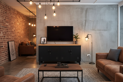 Black Versatile locker cabinet with Oak top in an industrial loungeroom