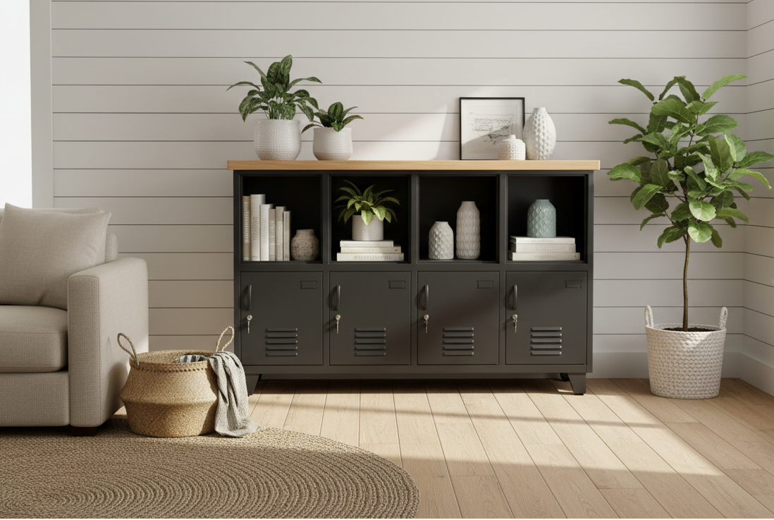 Black and Oak wood Open display metal shelves in living room