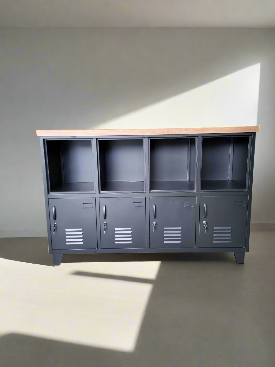 Black and wood Open display metal shelves