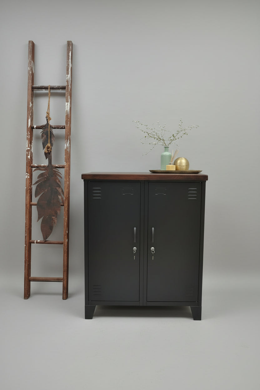 Matte Black double side cabinet with Dark stained Oak top, metal handles, and two adjustable shelves in each side